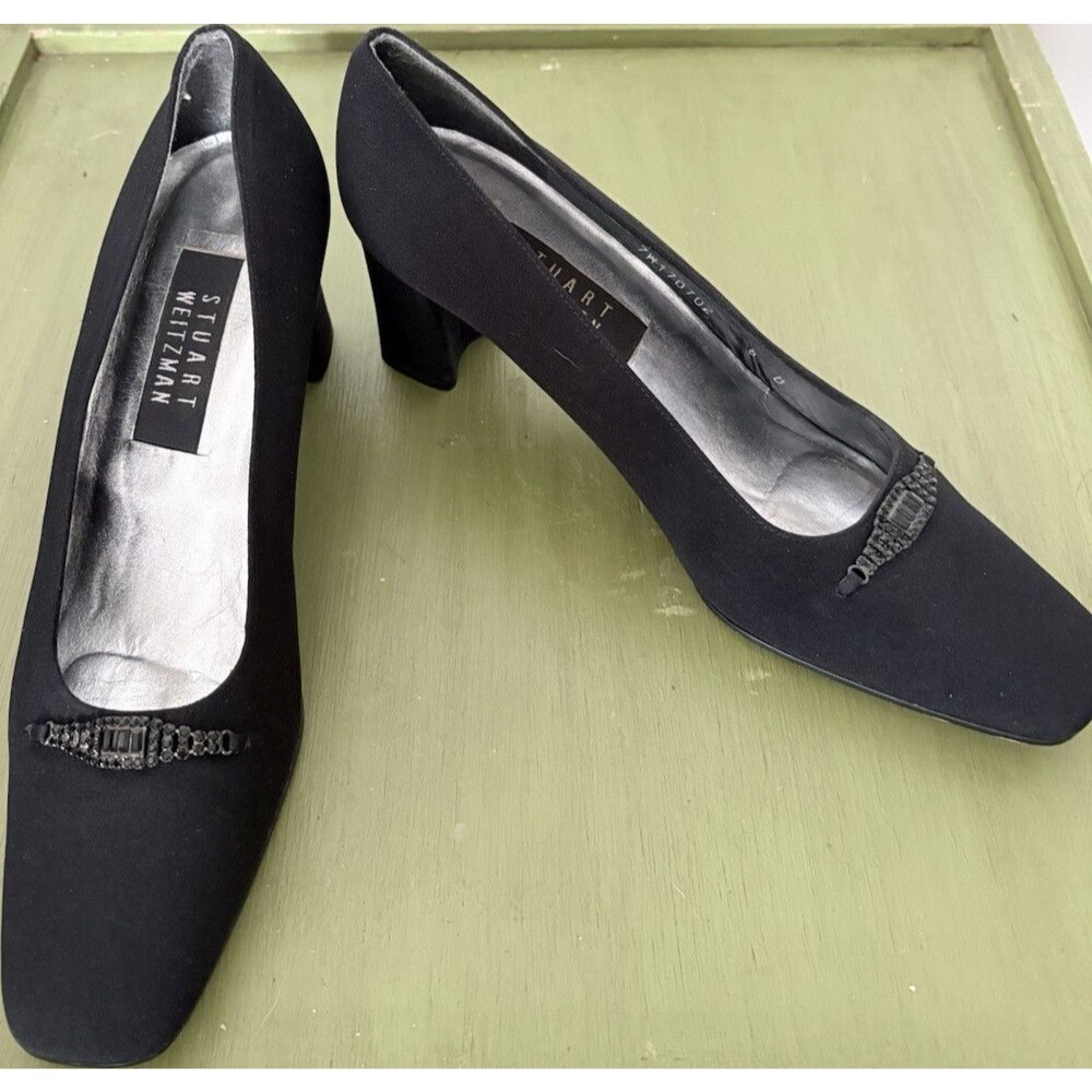 Stuart Weitzman Black Rhinestone Square-Toe Block Heel Pumps Size 8B